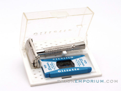 1960 F2 Flair Tip Super Speed DE Safety Razor Set w/ White Case & Blueblade Bank