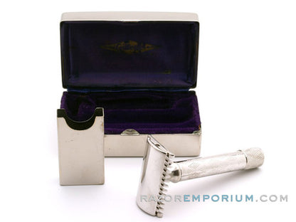 1930's Gillette New Deluxe Belmont DE Safety Razor w/ Metal Case & Blade Bank | Rhodium Revamp