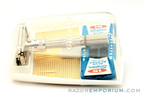 1960's Gillette Slim Adjustable DE Safety Razor Nickel w/ Gold Case & Blade Bank & Instructions