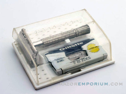 1965 K2 Flair Tip Super Speed DE Safety Razor Set Nickel w/ White Case & Blade Bank