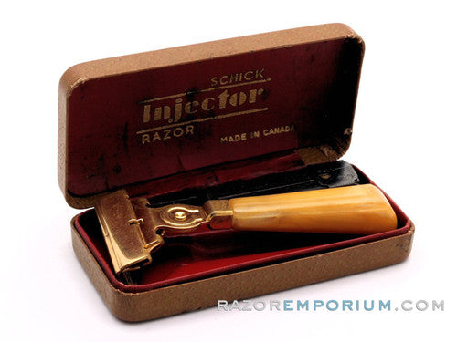 1940's Schick Gold SE Razor Injector Bakelite Handle Set w/ Black Case | Made in Canada
