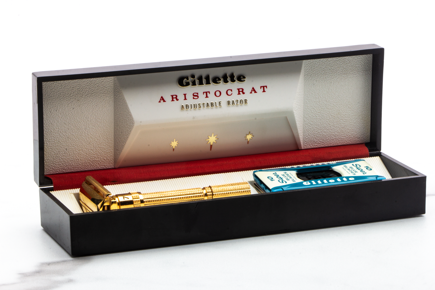 1961 G3 Gillette Gold Slim Aristocrat Adjustable Double Edge Safety Razor Set | Original Condition