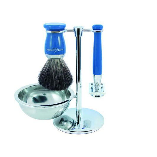 Edwin Jagger | Double Edge Safety Razor Shaving Set Blue 4pc (Black Synthetic)
