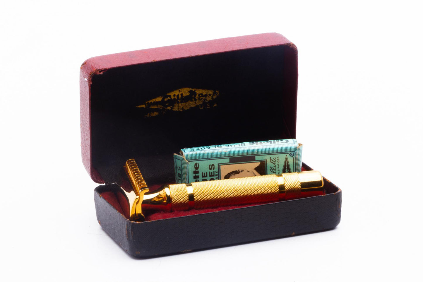 1930s Gillette 'NEW' Long Comb Common Bar Double Edge Safety Razor Set | 24k Gold Revamp
