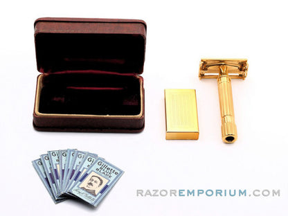 1948-1951 Gillette  Aristocrat DE Safety Razor w/ Leather Case & Blade Bank | 24K Gold Revamp