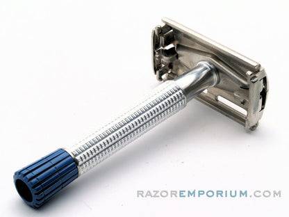 1959 E2 Gillette Blue Tip Light DE Super Speed Razor Nickel Set w/ Case, Instructions, & Blade Bank