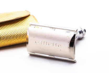 O4 Gillette Ball End Tech Spiral Handle Three Piece Travel Razor With Gold Case | Original Condition