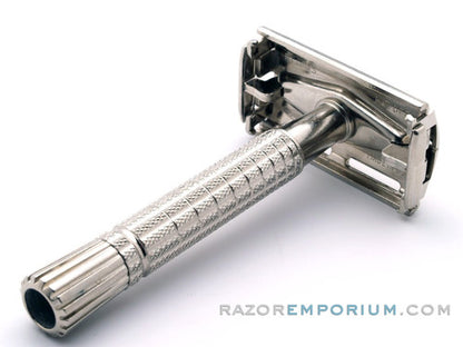 1960 F2 Flair Tip Super Speed DE Safety Razor Set Nickel w/ White Case & Blade Bank