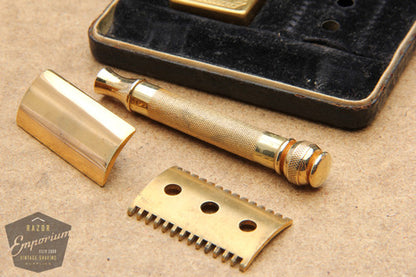 Gillette 1930's Gold Ball End Old Type Style DE Razor in Black Leather Case