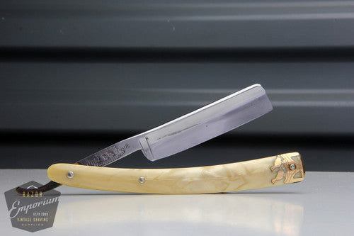 11/16" Dubl Duck Pearlduck Goldedge Straight Razor w/ Gold Inlay Celluloid Scales  | Solingen, Germany