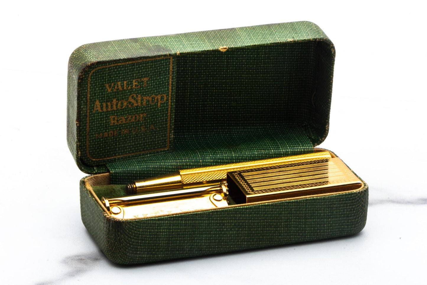 1940's Gold Valet Auto Strop Single Edge Razor Set w/ Green Case | Original Condition
