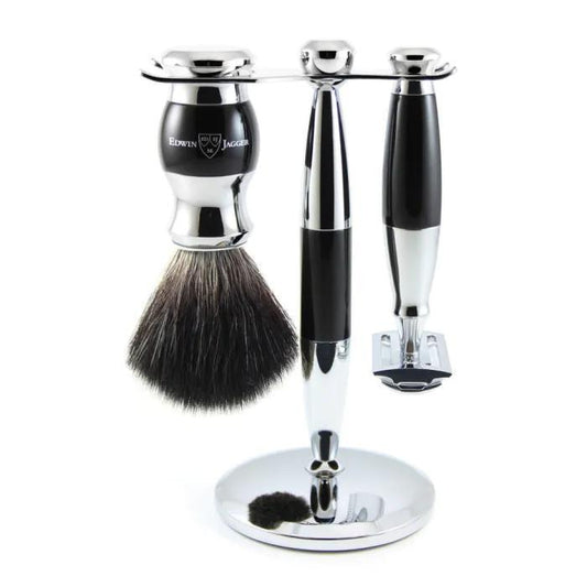 Edwin Jagger | Double Edge Safety Razor Shaving Set Imitation Ebony & Chrome 3pc (Black Synthetic)