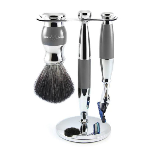 Edwin Jagger | Gillette® Fusion® ProGlide® Razor Shaving Set Grey & Chrome 3pc (Black Synthetic)