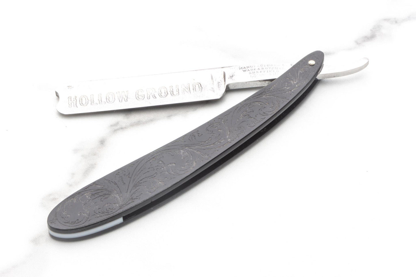 5/8" Vintage Restored Wade & Butcher Straight Razor with Custom Etched Filigree Black Acrylic Scales