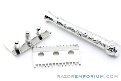 1911 Gillette ABC Pocket Edition Floral Handle - Old Type Open Comb DE Razor Set | Rhodium Revamp