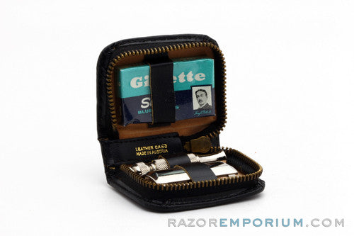 1964 Gillette J2 Travel Tech Safety Razor Black Leather Case