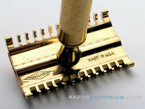 1930's Gillette Gold NEW Long Comb Ball End DE Safety Razor Set w/ Orig. Case & Bladebank