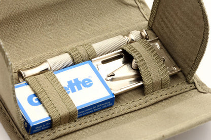 1940s WWII NEW Gillette DE Ball End Safety Razor Travel "Khaki" Replica Set w/ Mirror