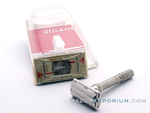 1964 J2 Gillette Slim Adjustable Safety Razor Nickel w/ Red Case & Blade Bank