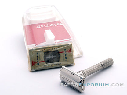 1964 J2 Gillette Slim Adjustable Safety Razor Nickel w/ Red Case & Blade Bank