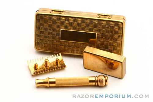 1910's Gillette Comb Ball End Old Type Razor 24K Gold w/ Case and Blade Bank