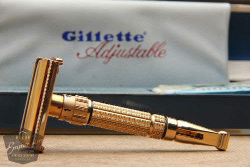 Gillette 1958 Gold Toggle Adjustable DE Safety Razor Set w/ Case & Instructions - D1 - NOS