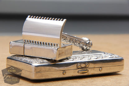 Gillette 1910's Silver ABC Pocket Edition Floral Handle - Old Type Open Comb DE Razor Set