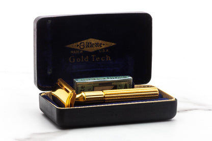 1946-53 Gillette Gold Fat Handle Tech in Blue & Gold Shipper with Original Case | New Old Stock