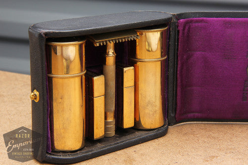 Gillette 1920's Single Ring Vintage DE Travel Set in Black Case Leather