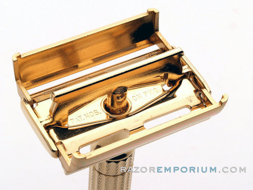1956 B2 Gillette Diplomat Safety Razor w/ Original Leather Case & Blade Dispenser *24K Gold - New Old Stock - MINT