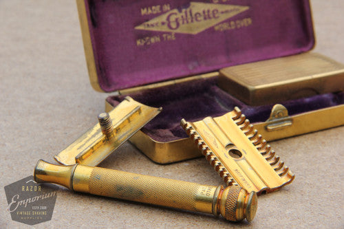 Gillette 1930's Ball End NEW Style Razor in Gold Basketweave Case