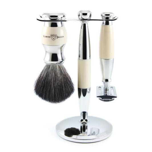 Edwin Jagger | Double Edge Safety Razor Shaving Set Imitation Ivory & Chrome 3pc (Black Synthetic)