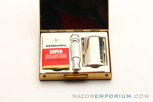 1969 O3 Gillette Ball End Travel Tech Safety Razor Set w/ Case and Blades