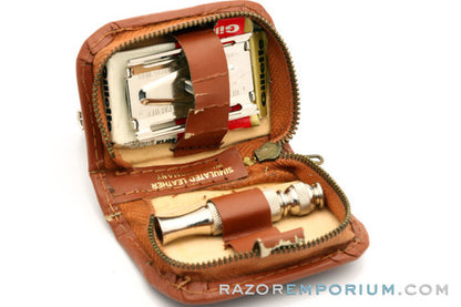 1966 Gillette Travel Tech Safety Razor Brown Leather Case L4