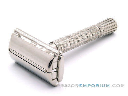 1960 F2 Regular Super Speed Flair Tip DE Safety Razor Set Nickel w/ White Case & Blade Bank