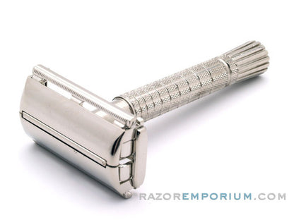 1960 F2 Regular Super Speed Flair Tip DE Safety Razor Set Nickel w/ White Case & Blade Bank