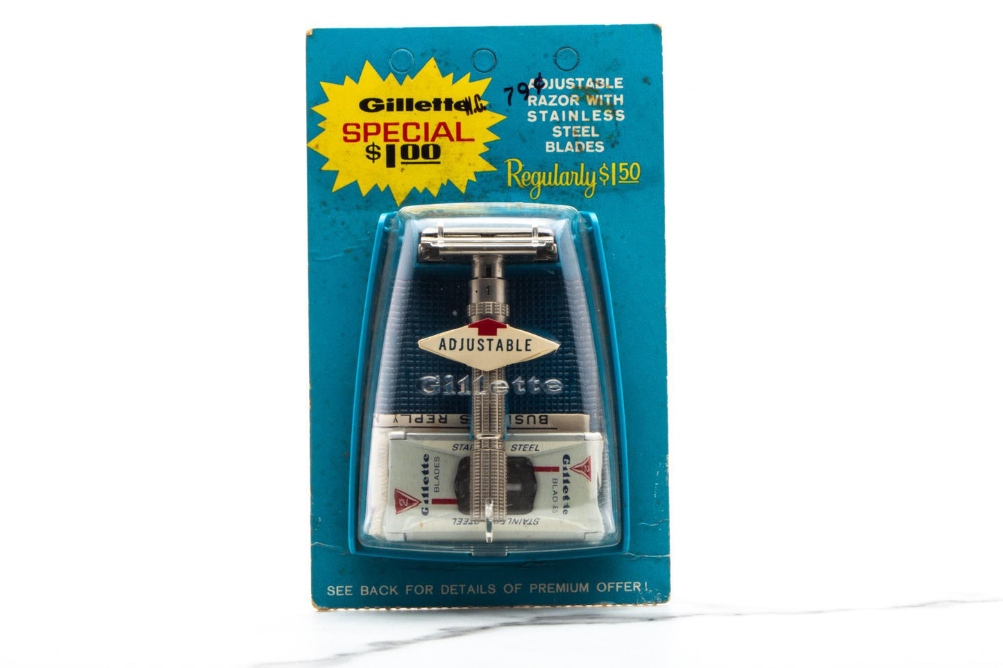 1965 K1 Gillette Slim Adjustable Double Edge Safety Razor w/ Blue Case | New Old Stock
