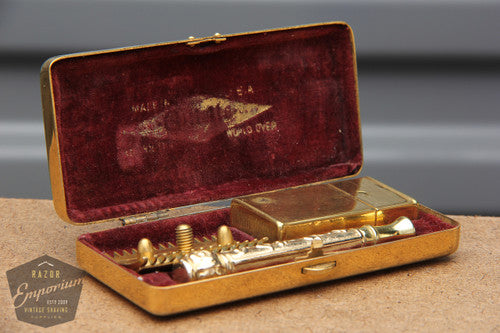 Gillette 1910's Gold Pocket Edition Floral Handle - Old Type Open Comb DE Razor Set