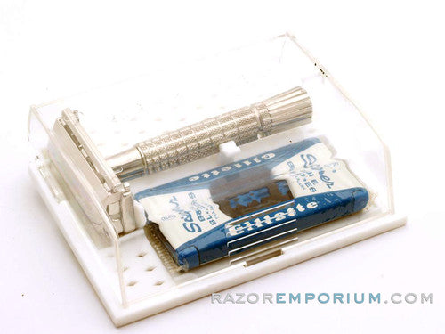 1960 F2 Regular Super Speed Flair Tip DE Safety Razor Set Nickel w/ White Case & Blade Bank