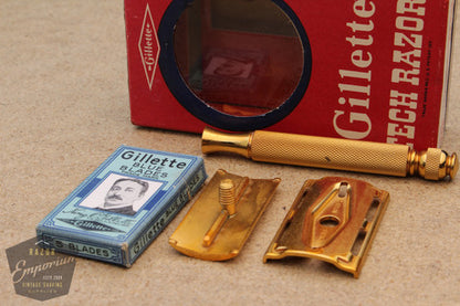 Gillette 1930's Ball End Gold Tech Razor in Red Box - New Old Stock