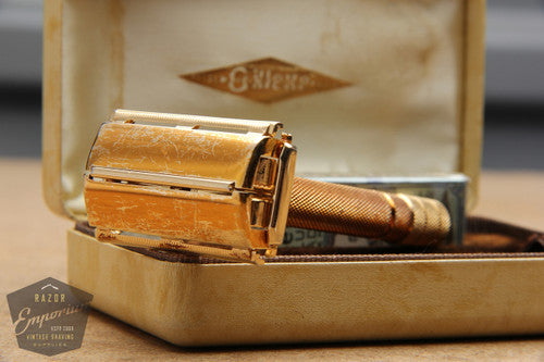 Gillette 1947 Notched Milord Gold Safety Razor DE w/ Leather Case