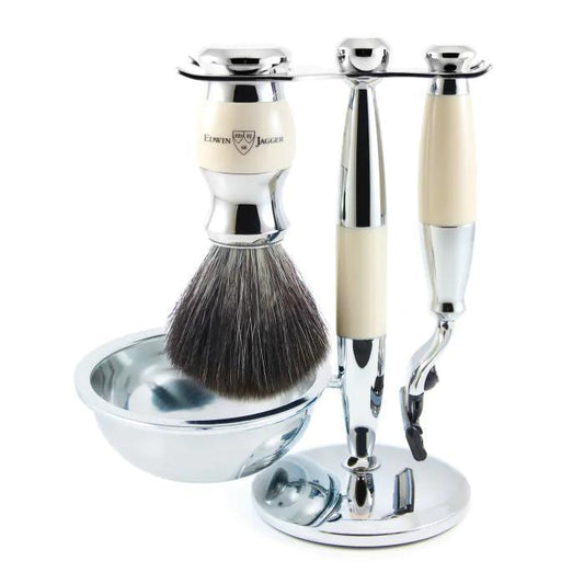 Edwin Jagger | Gillette® Mach3® Razor Shaving Set Imitation Ivory & Chrome 4pc (Black Synthetic)
