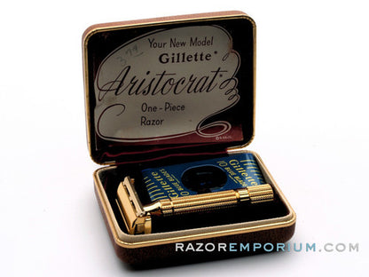 1948-1951 Gillette Aristocrat DE Safety Razor w/ Original Leather Case, Box, & Blades * 24K Gold - New Old Stock - MINT