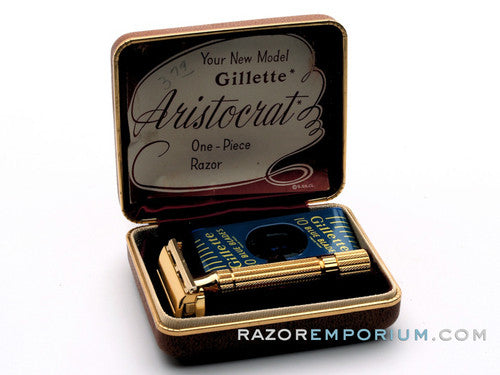 1948-1951 Gillette Aristocrat DE Safety Razor w/ Original Leather Case, Box, & Blades * 24K Gold - New Old Stock - MINT