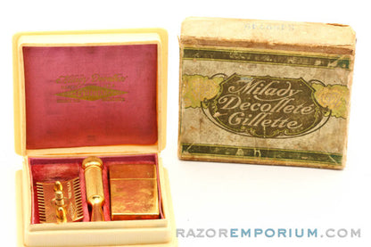 1919 Gillette Milady Decollete DE Safety Razor in White Case 24K Gold Revamp w/ Blade Bank and Box