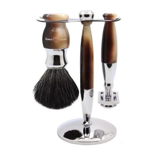 Edwin Jagger 37 Range 3pc DE Safety Razor Shaving Set Imitation Light Horn (Black Synthetic)