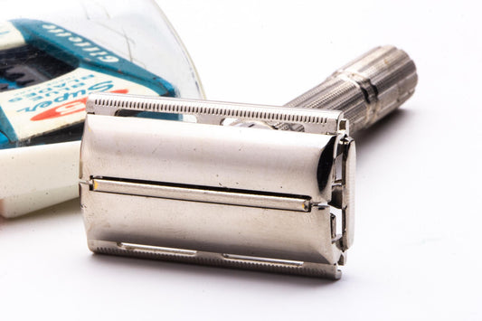1963 I4 Gillette Slim Adjustable TTO Double Edge Safety Razor Set with Blades | Factory Nickel Revamp