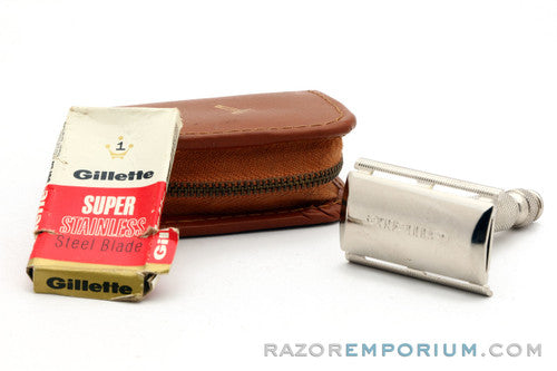 1966 Gillette Travel Tech Safety Razor Brown Leather Case L4