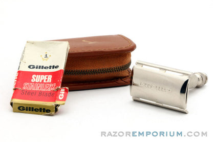 1966 Gillette Travel Tech Safety Razor Brown Leather Case L4