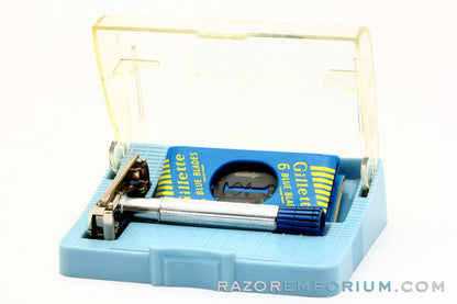 1959 E1 Gillette Blue Tip Light DE Super Speed Razor Nickel Set w/ Case & Blade Bank